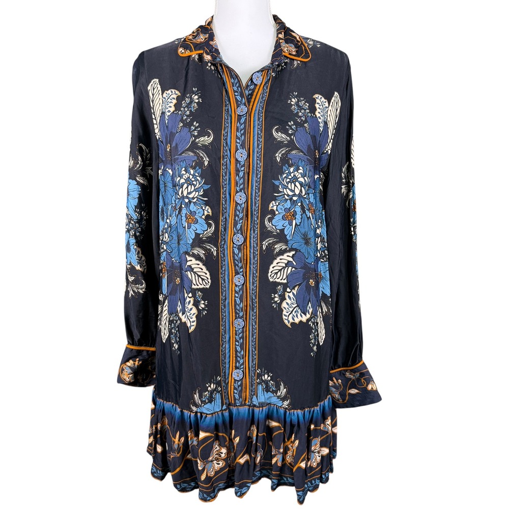 Farm Rio Blossom Tapestry Mini Dress Black Floral Ruffle Missing Sash Medium
